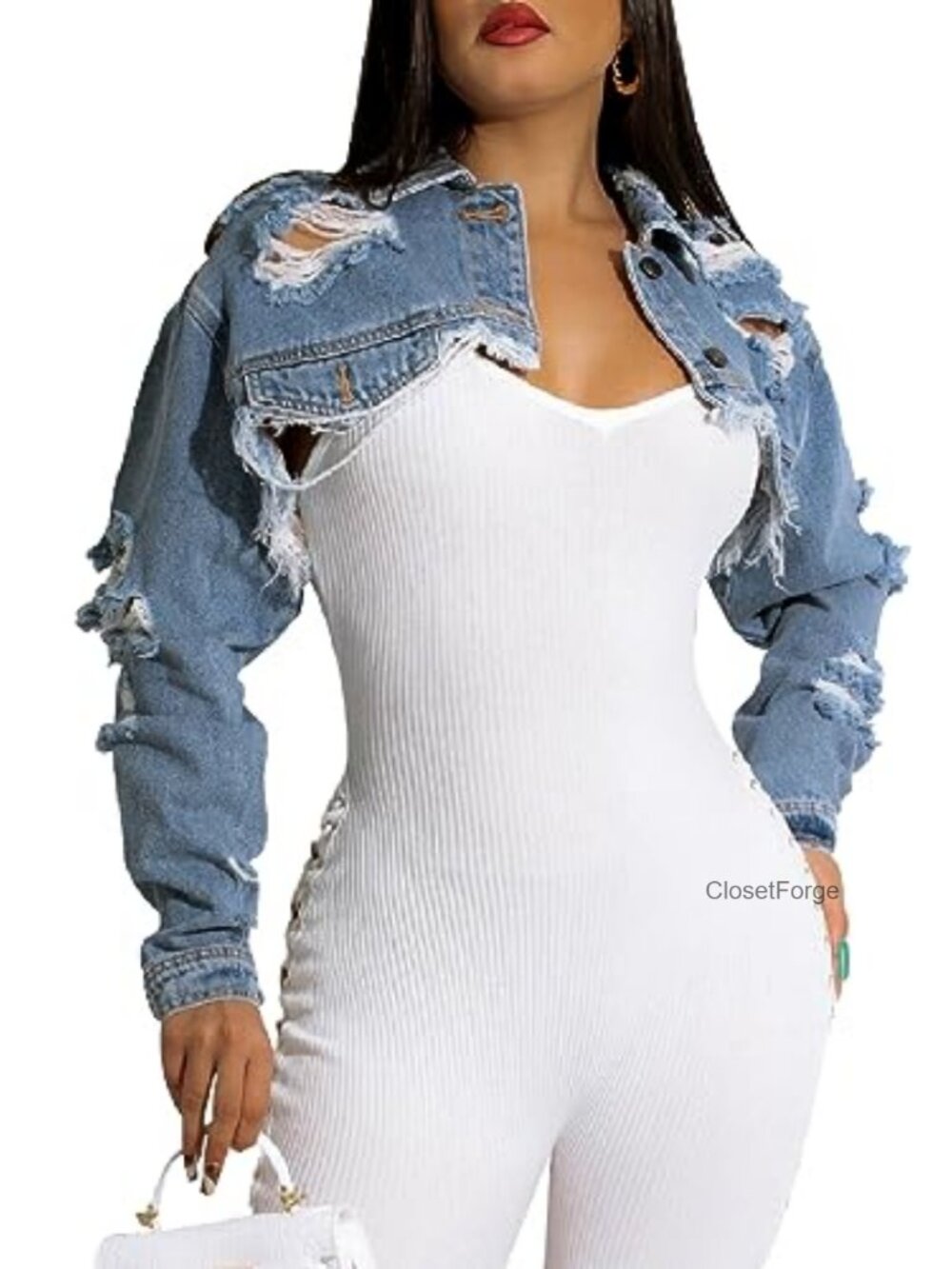 Cropped Denim Jacket Long Sleeve Ripped Jean Jacket